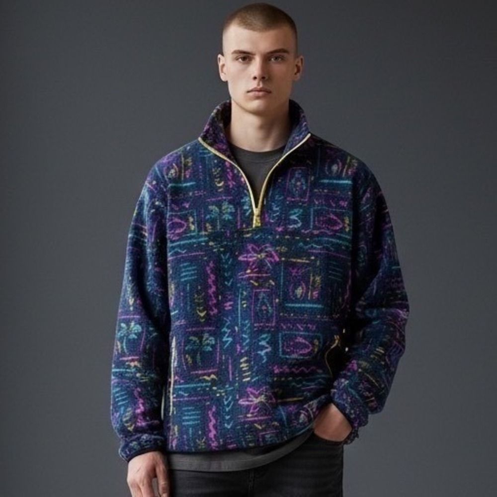 Chubbies Mens Fleece Pullover Jacket 1/4 Zip Tropical Print Size Large